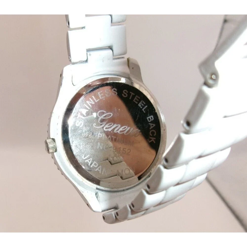 Geneva Platinum Japan Movt White Enamel Band Jeweled Dial Works Includes Battery